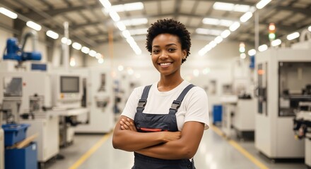 Confident young African American female factory worker smiling at the camera. Professional industrial engineer with arms crossed in a modern manufacturing plant