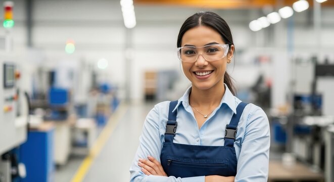 Confident female factory worker smiling at the camera. Young asian engineer in safety glasses and overalls in a modern manufacturing plant