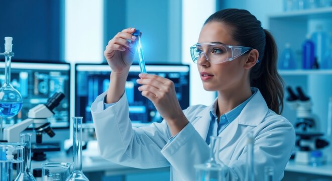 Female scientist examining a glowing blue liquid in a test tube. Professional researcher working in a modern laboratory on a medical discovery. Biotechnology and innovation concept