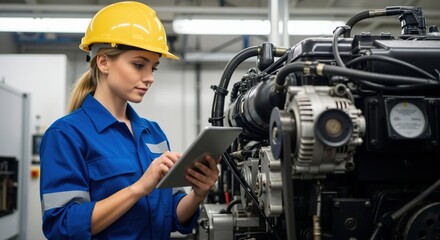 Young female engineer inspecting a large industrial engine with a tablet. Woman technician in a hard hat working in a manufacturing plant