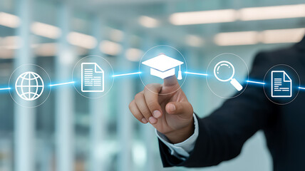 A businessman is using his finger to touch a graduation cap icon, representing the concept of online education, elearning, and internet webinars for skill enhancement