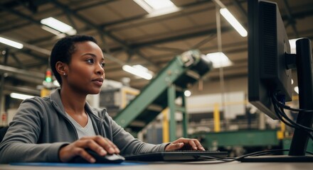 African American female engineer working on a computer in a modern factory. Professional woman managing industrial manufacturing processes. Quality control and logistics in a production plant