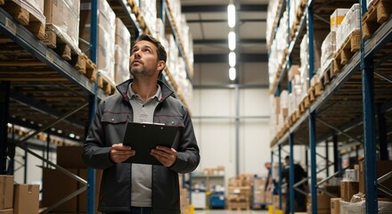 Warehouse worker with a clipboard checking stock inventory on high shelves. Male manager in a large distribution center managing logistics