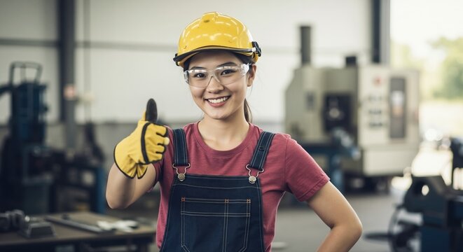 Confident Asian female factory worker giving a thumbs up. Smiling industrial engineer in a hard hat and safety glasses in a manufacturing plant