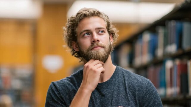 A Contemplative Pose in the Library: A thoughtful individual, deep in contemplation, gazes upwards, the soft glow of the library environment heightens the serene moment. 