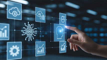 Ai technology concept showing a hand interacting with a digital interface displaying artificial intelligence icons, representing machine learning and automation