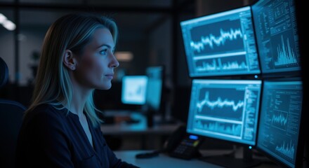 Professional data analyst working late on financial charts. Businesswoman monitoring stock market information on multiple computer screens at night