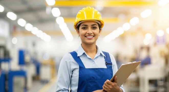 Confident female factory worker in a yellow hard hat smiling at the camera. Portrait of a young Indian industrial engineer holding a clipboard in a manufacturing plant