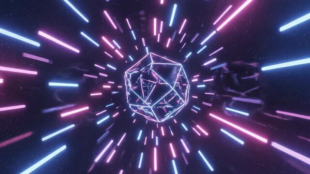 Stunning Abstract Geometric Composition Featuring Neon-Lit Polyhedral Shapes Resembling Celestial Bodies in a Cosmic Setting