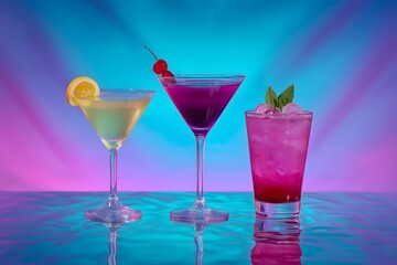 Three colorful cocktails with fruit garnish on a reflective surface