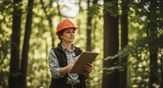 A female forester with a hard hat and clipboard inspects a forest. Professional ecologist working on environmental conservation and land management