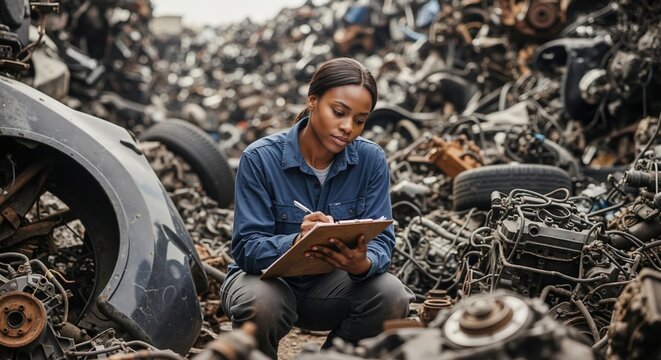 Young female worker inspecting scrap metal in a junkyard. Professional woman writing on a clipboard while taking inventory of old car parts for recycling
