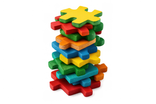 Stacked wooden puzzle pieces in vibrant colors forming a tower, representing collaboration and sequential development. Transparent background - Powered by Adobe
