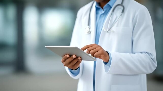 male physician adjusting stethoscope while reading lab results on tablet soft keystrokes digital integration three quarter wide angle cinematic color correction gentle backlight