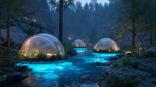 Tranquil floating spa pods surrounded by holographic water in a serene digital landscape - Powered by Adobe