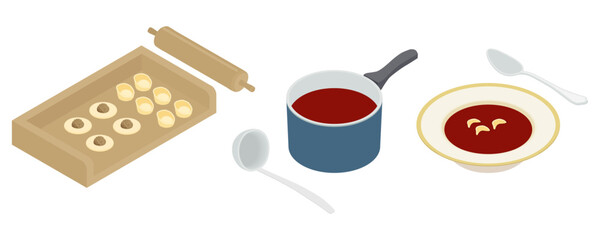 Beet soup with dumplings, Polish traditional Christmas Eve dish - hand drawn isometric vector illustration.