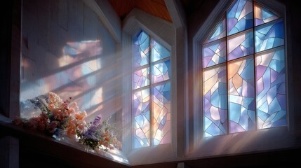 Sunlit stained glass windows with colorful floral arrangement in tranquil church setting