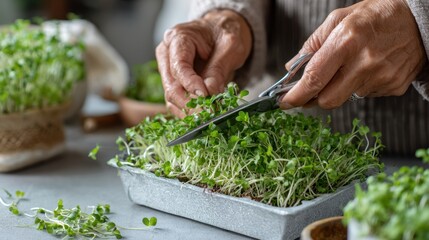 Mature asian female harvesting microgreens indoors with scissors