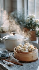 Steaming dumplings in bamboo steamer with pot on kitchen counter