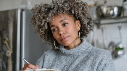Thoughtful young african female in cozy sweater with curly hair at home