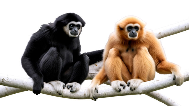Two gibbons one black and one golden sitting on branches isolated on transparent background
