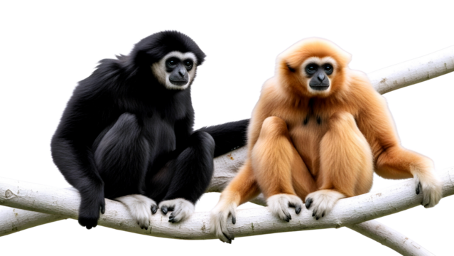 Two gibbons one black and one golden sitting on branches isolated on transparent background