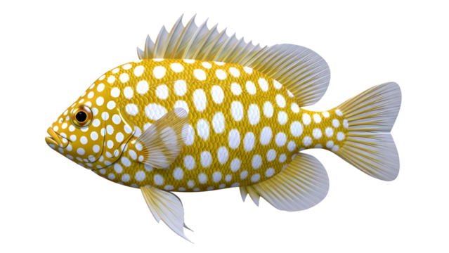 A vibrant yellow fish with white spots swimming in the ocean isolated on transparent background