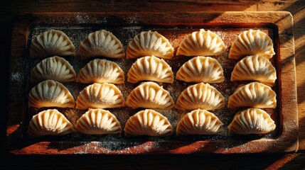 Assorted homemade dumplings arranged on wooden tray in sunlight
