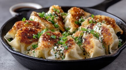 Pan-fried dumplings garnished with chives and sesame in skillet