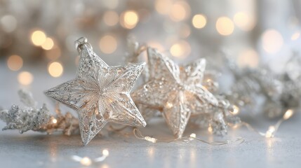Silver star christmas ornaments with warm bokeh lights background