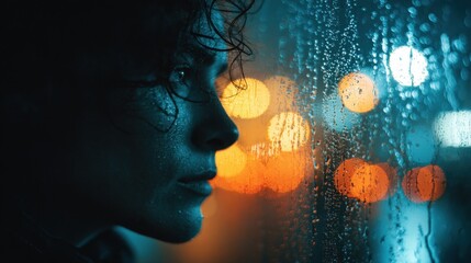 Pensive caucasian young adult male gazing through rainy window at night city lights