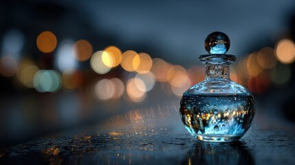 Elegant glass perfume bottle with water droplets in evening light