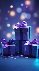 Three sparkling blue gift boxes with purple ribbons and heart confetti on glittering background