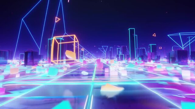 A Futuristic Neon Cityscape with Vibrant Geometric Shapes and Dynamic Lighting Effects, Showcasing a Digital Landscape of Colorful Cubes and Forms