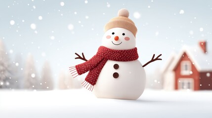 Cheerful snowman in winter landscape