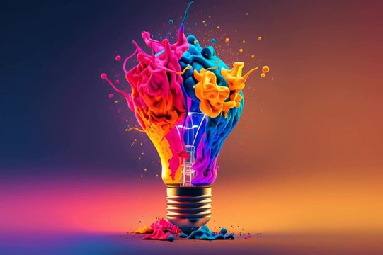 a colorful glowing idea bulb lamp, visualization of brainstorming, bright idea explode and creative thinking, rotation loop animation