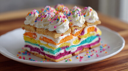 Rainbow Cookie Icebox Cake. Colorful rainbow layered cake with whipped cream and sprinkles on ceramic plate