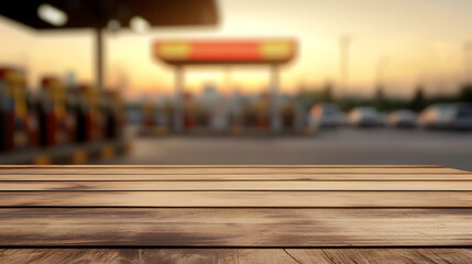 Obraz premium Empty wooden tabletop platform with blurred fuel service background. Use for product display montage. Mockup for product presentation. Wood planks and gas station backdrop.