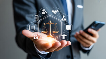 Lawyer holding scales of justice with legal icons, representing law, justice, and legal services, showcasing legal expertise and digital transformation in law
