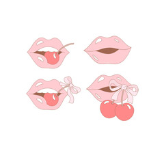 Pink Coquette Feminine Lips with Cherry Clipart Set, Retro Girly Valentine Day Illustration for Scrapbooking and Stickers
