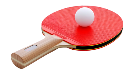 A white ping pong ball rests on a red ping pong paddle isolated on transparent background