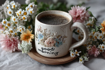 Fototapeta premium Decorated white cup of coffee with 