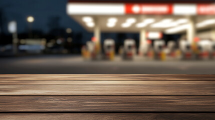 A wooden table stands in the foreground against a blurred backdrop of a gas station at night. The soft light enhances the sense of depth and serenity.