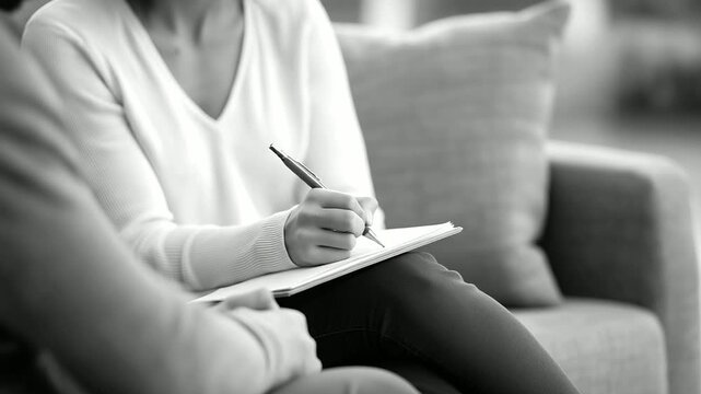 woman helping patient journal feelings during therapy session muted writing sound therapeutic support depression recovery three quarter wide angle cinematic color correction gent