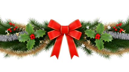 Festive red bow adorns a garland of green pine branches and sparkling tinsel isolated on transparent background