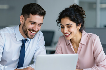 Obraz premium Man and woman, likely coworkers or colleagues, in a professional office setting, looking at a laptop screen together, both smiling and engaged.