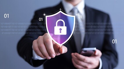 Businessman Interacts with Digital Security Shield and Binary Code data protection