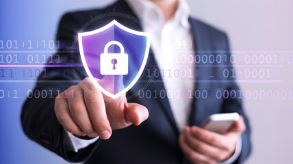 Businessman Touching Digital Shield with Padlock and Binary Code Overlay cybersecurity digital security