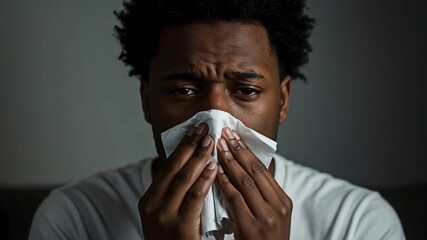 A man blowing nose for the concept of health and illness.