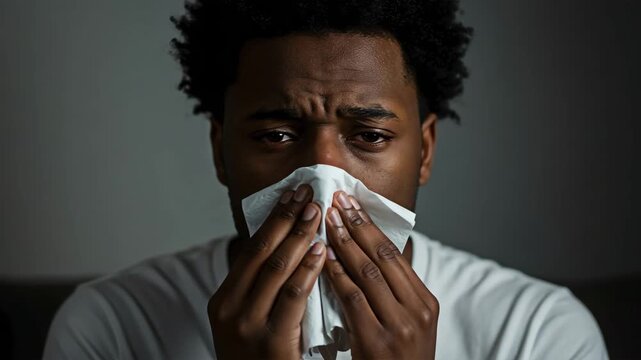 A man blowing nose for the concept of health and illness. - Powered by Adobe